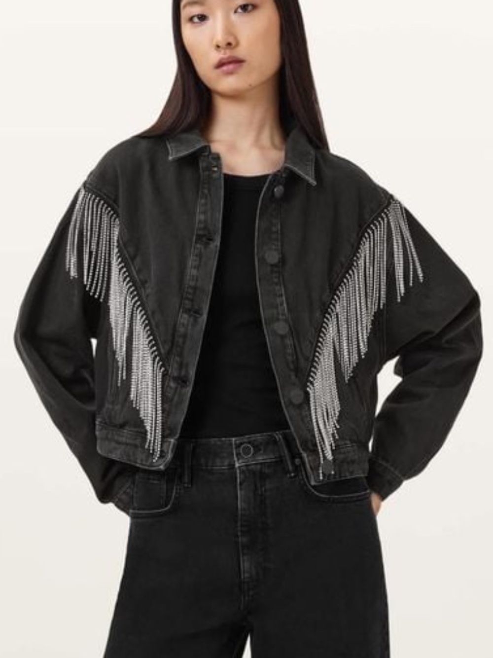 NWT AllSaints Marlene Rhinestone Tassel Western Denim Jacket, Washed Black, Sz 6